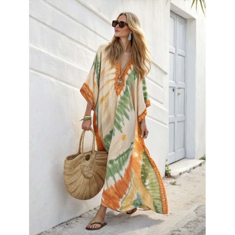 Women Boho Floral Border Print V Neck Loose Kaftan Maxi Beach Dress