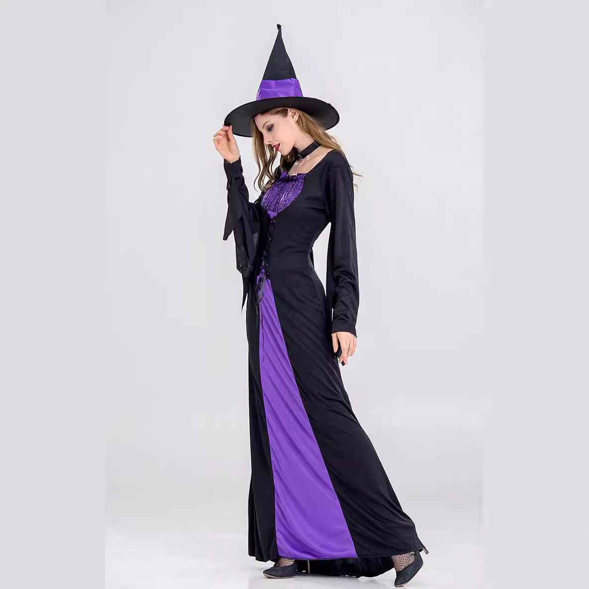 Halloween Women Purple Black Witch Cosplay Long Dress With Hat/Choker