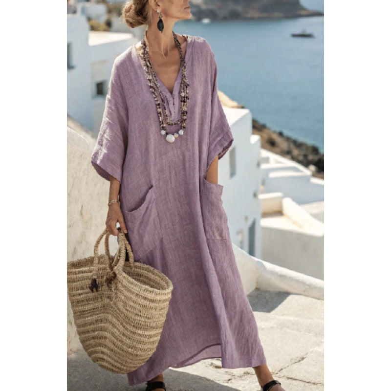 Women Boho V Neck Patch Pocket Print Loose Kaftan Maxi Beach Dress