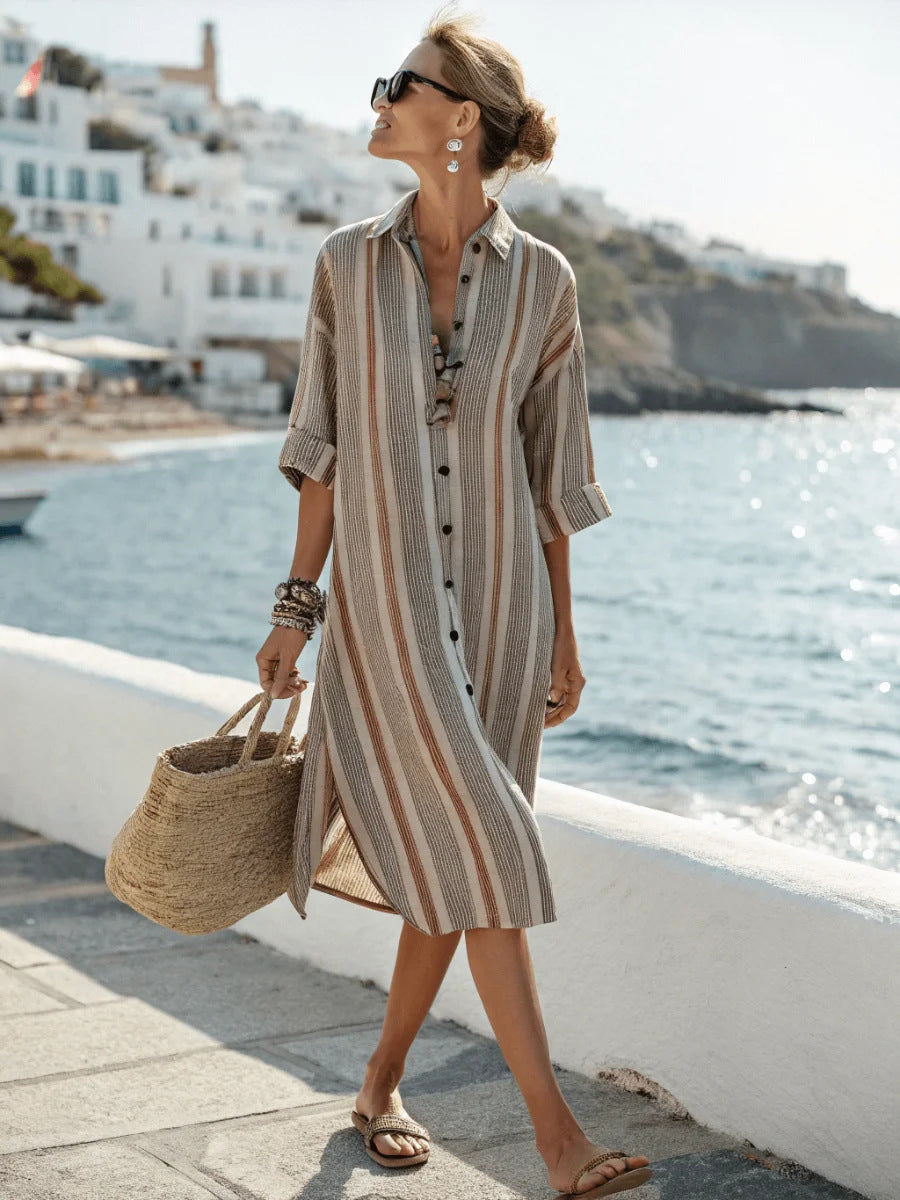 Women Boho Vertical Striped Collared Button Front Slit Loose Maxi Beach Dress