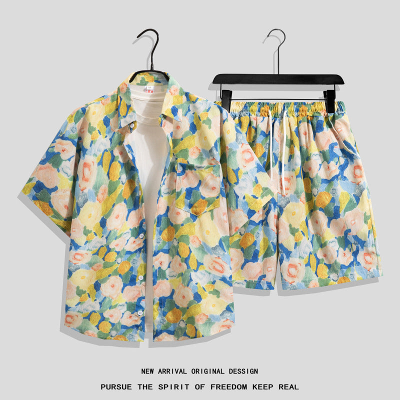 Ice Silk Quick Dry Couple Floral Loose Beach Shirt Shorts Set T3601-T3630