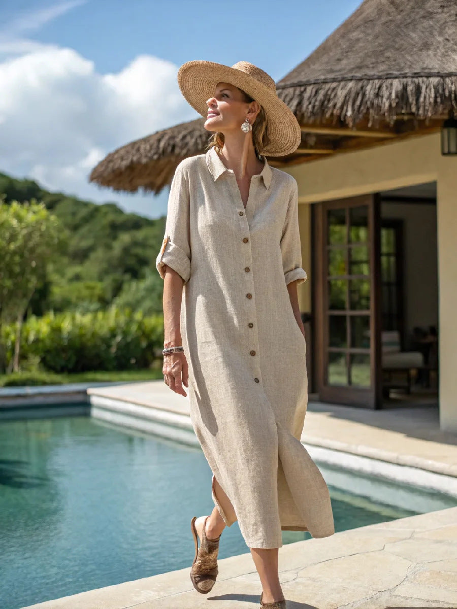 Women Boho Vertical Striped Collared Button Front Slit Loose Maxi Beach Dress