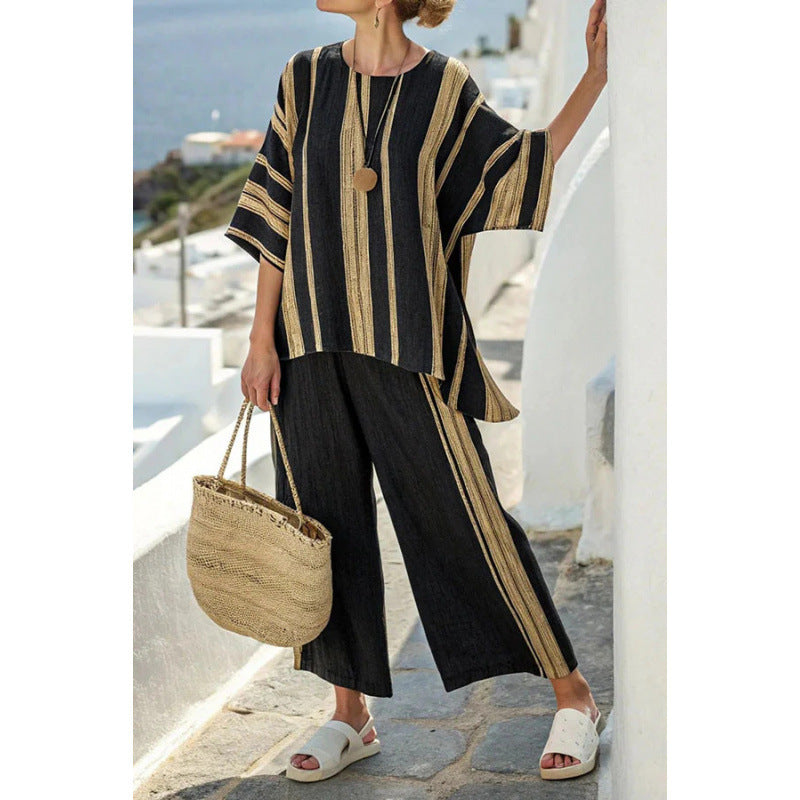 Women Boho Striped Plus Size Loose Kaftan Beach Set