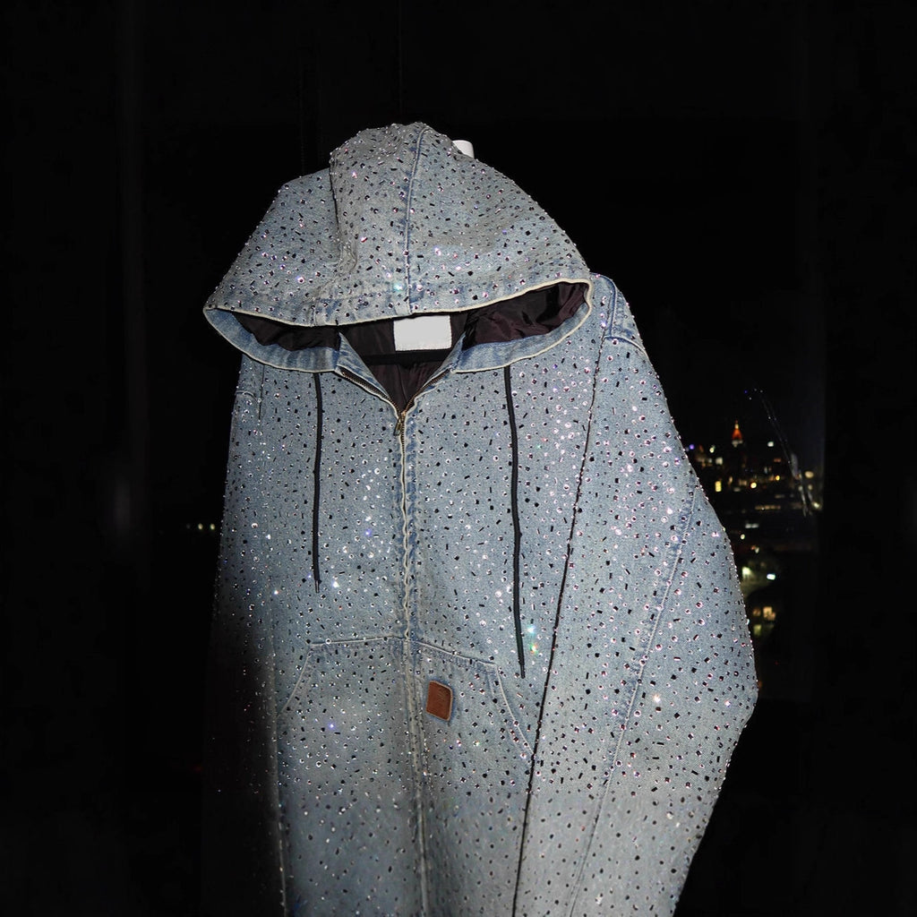 Rhinestone Denim Hooded Jacket Full Crystal Zip Up Unisex
