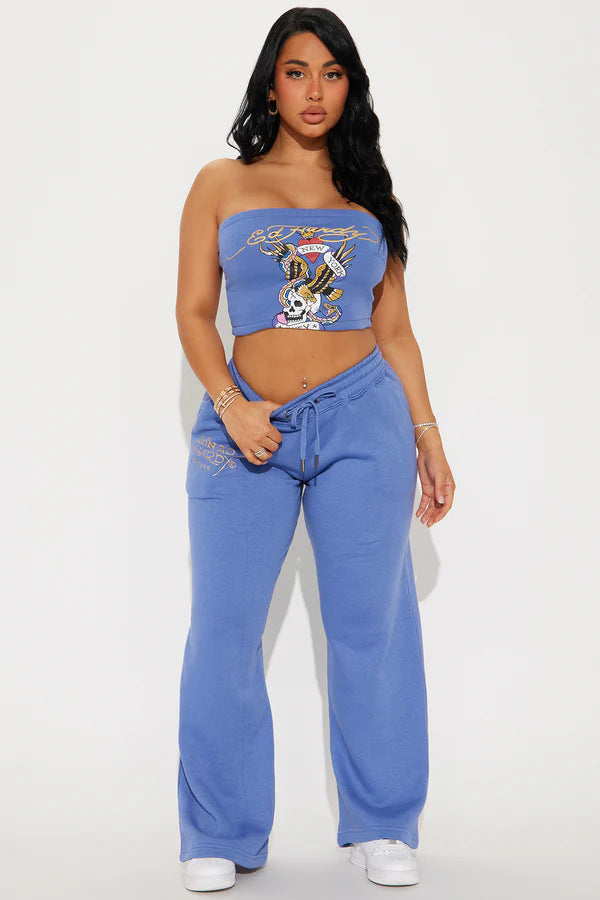 Skull Graphic Print Strapless Tube Top Wide Leg Pants 2 Piece Set Women
