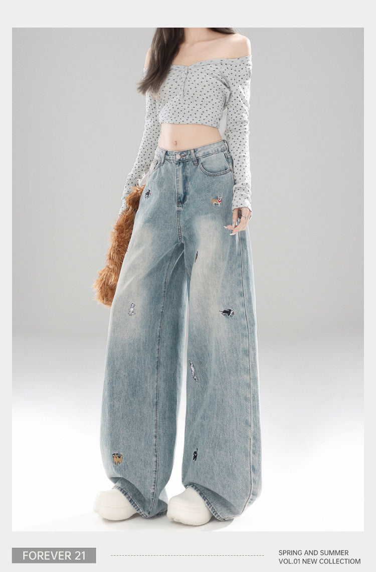 Light Blue Puppy Embroidered Wide Leg Denim High Waist Loose Trousers