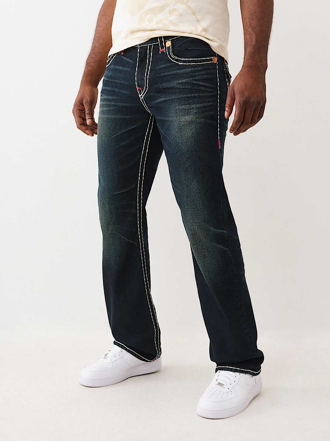 True Religion White Contrast Stitch Horseshoe Straight Jeans Men Y2K