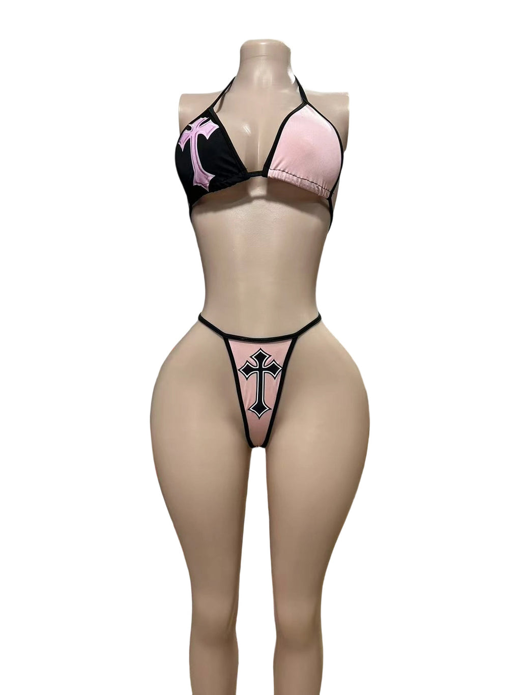 Y2K Cross Patch Halter Bikini Lace Up Mini Skirt 3 Piece Set