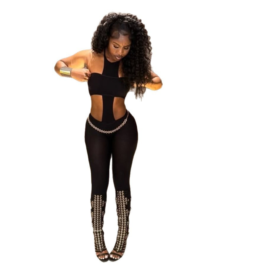 Cutout Halter Top High Waist Leggings 2 Piece Outfit Set
