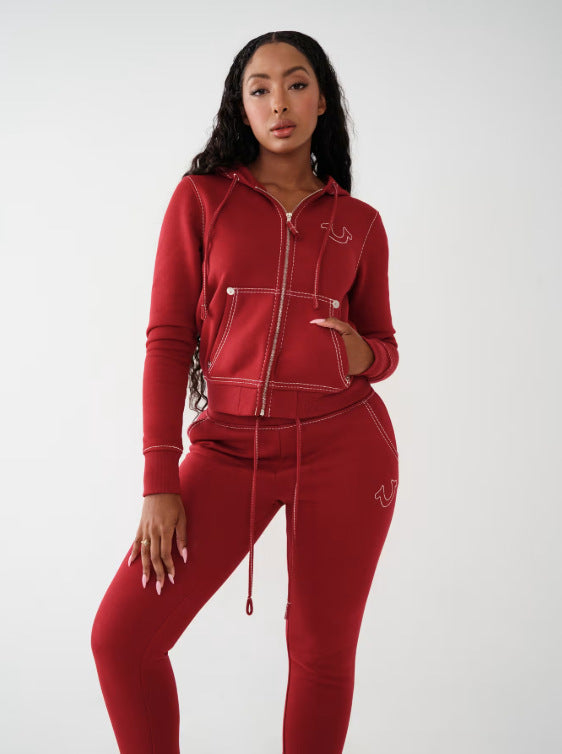 True Religion Vintage Stitch Zip Crop Hoodie Flare Pant Tracksuit Set