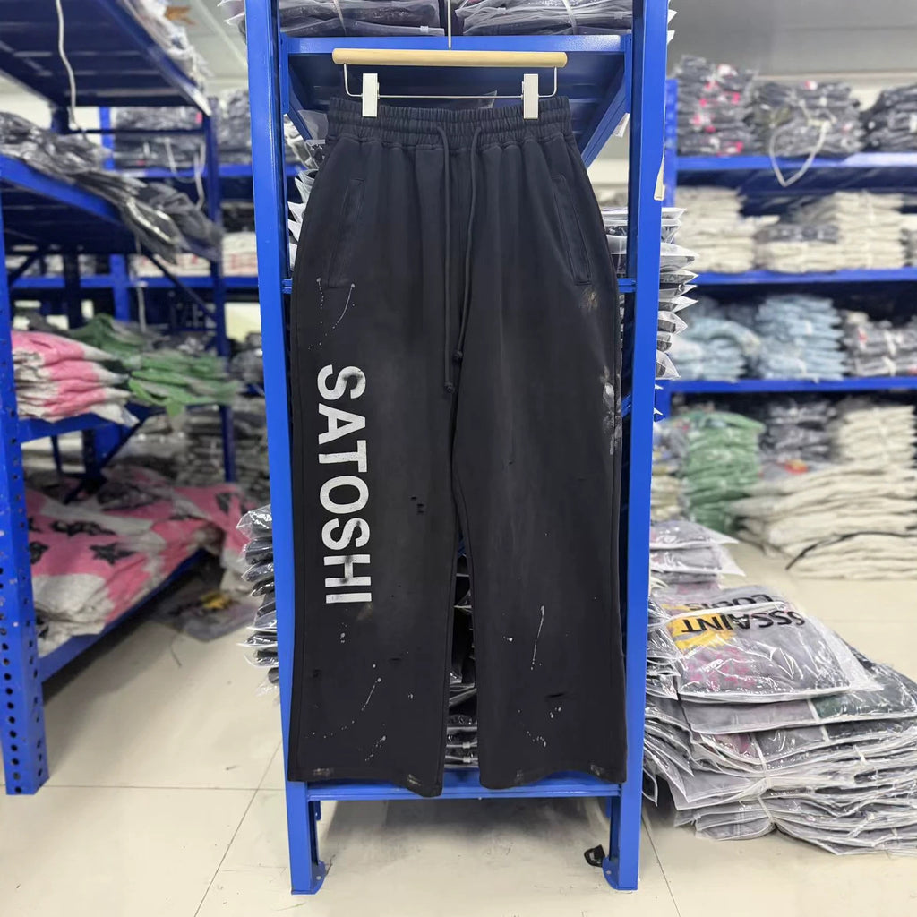 Satoshi Nakamoto Washed Distressed Splash Paint Wide Leg Sweatpants