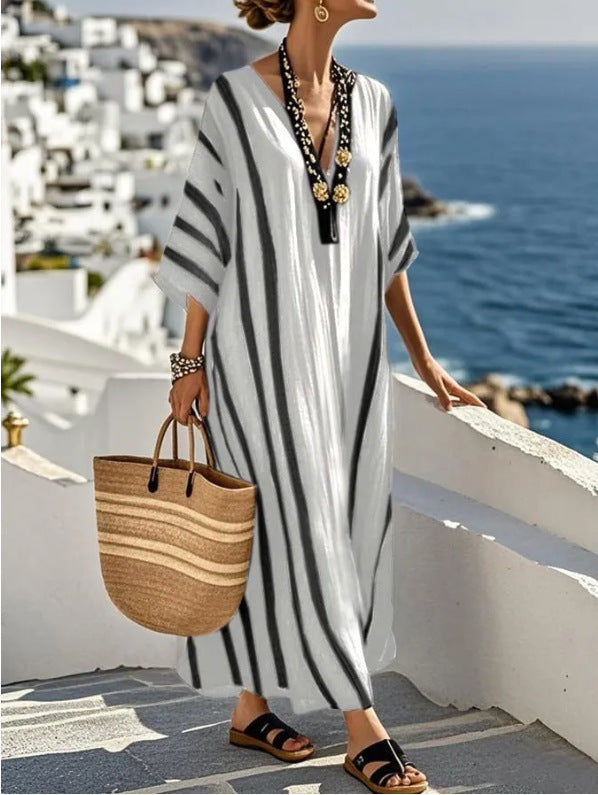Women Boho Striped Embroidery V Neck Loose Kaftan Maxi Beach Dress