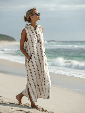 Women Boho Striped Hooded Sleeveless Slit Pocket Kaftan Maxi Beach Dress