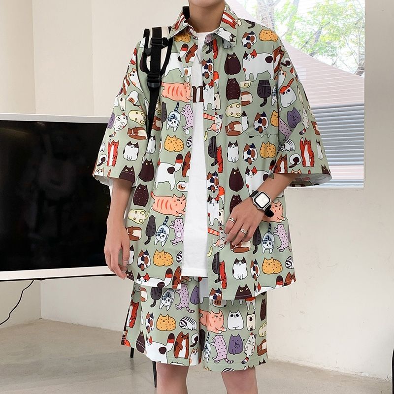 Couple Quick Dry Floral Loose Tropical Beach Shirt Shorts Set