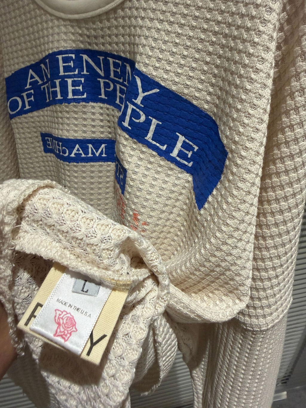 Waffle Knit Figure Letter Graphic Crew Neck Long Sleeve T Shirt