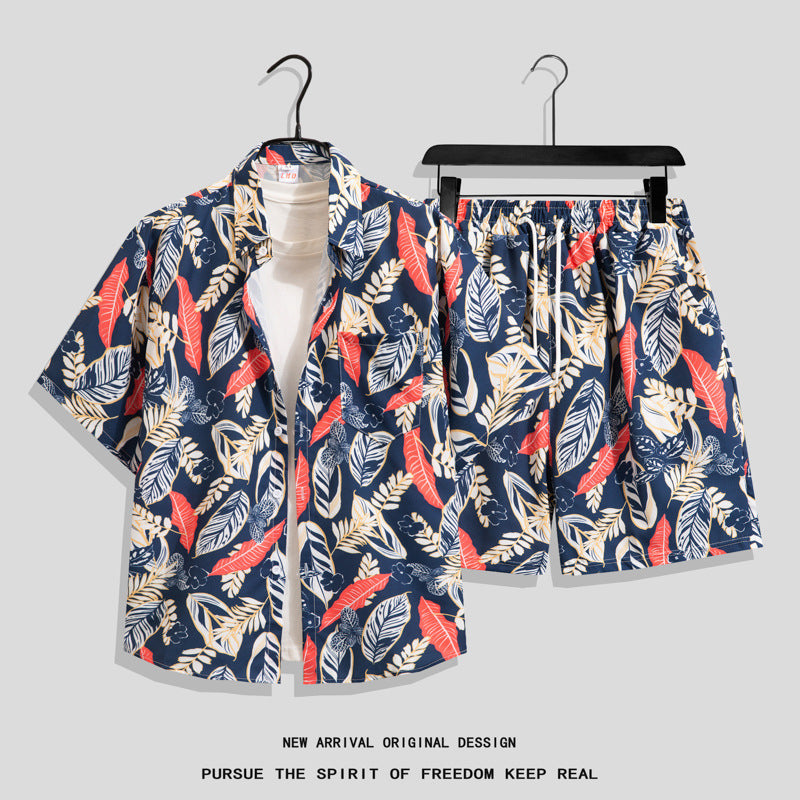 Ice Silk Quick Dry Couple Floral Loose Beach Shirt Shorts Set T3601-T3630