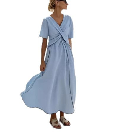 Women Boho Vertical Striped V Neck Wrap Loose Beach Maxi Dress