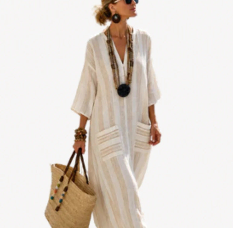 Women Boho Striped Embroidery V Neck Loose Kaftan Maxi Beach Dress
