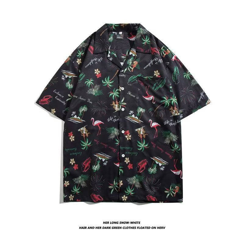Unisex Vintage Camp Collar Tropical Floral Loose Beach Vacation Shirt 1301-1341