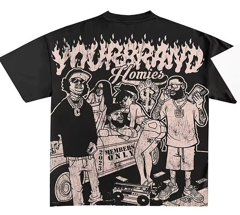 Y2K Hip-Hop Cartoon Portrait Oversized Vintage Baumwoll-T-Shirt im Members-Only-Stil