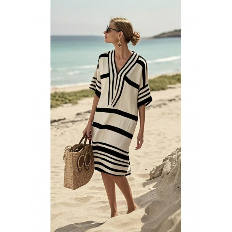 Women Boho Striped V Neck Loose Kaftan Midi Beach Dress