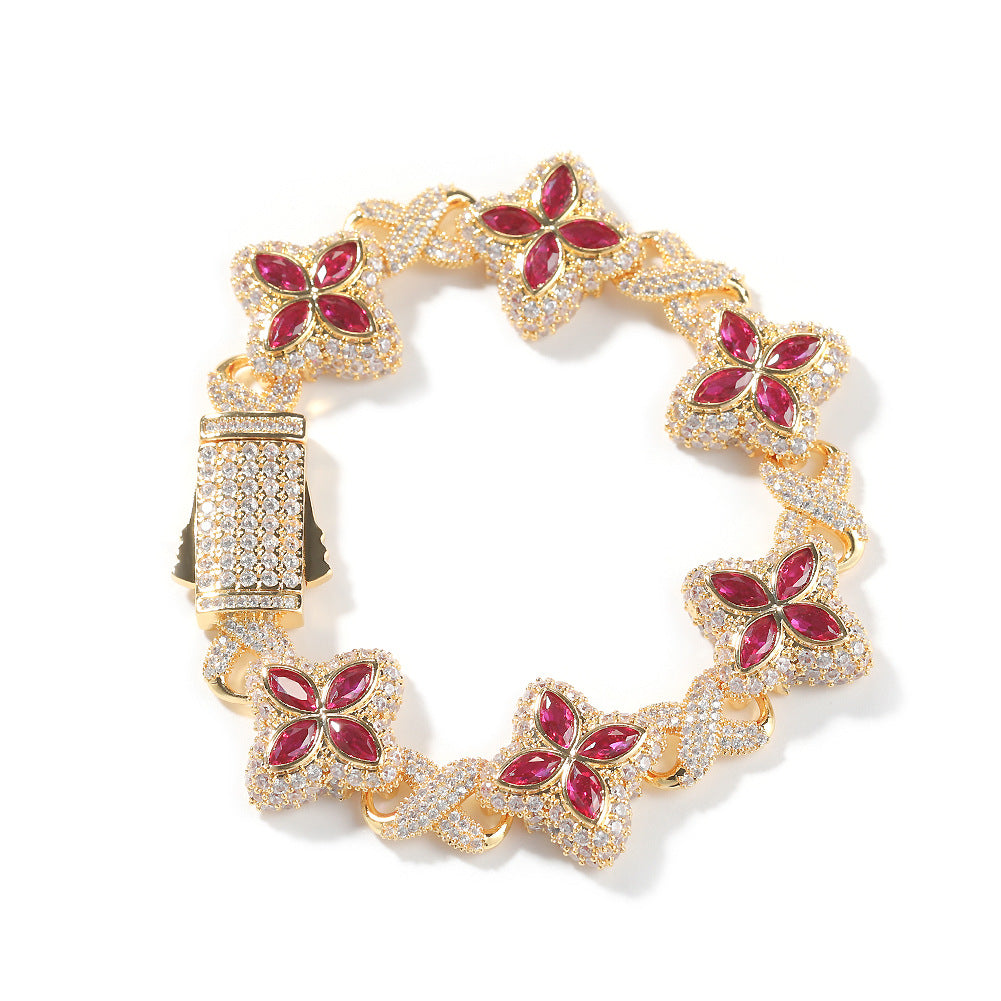 Iced Out Four Leaf Clover 5A Color Zircon Hip Hop Bracelet For