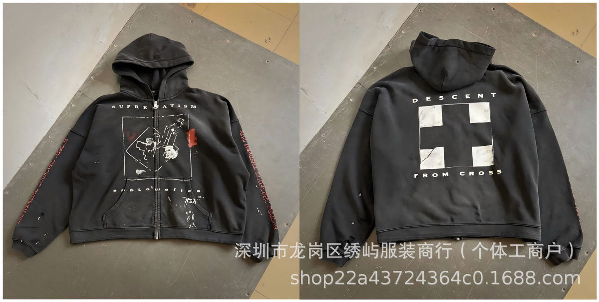 ERD Distressed Photo Letter Print Hoodie Vintage Cotton Pullover