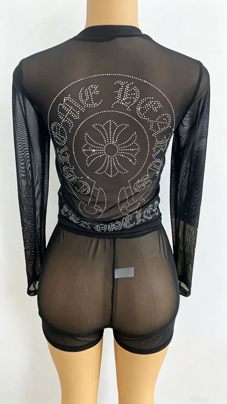 Chrome Hearts Rhinestone Mesh Long Sleeve 2 Piece Shorts Set Women