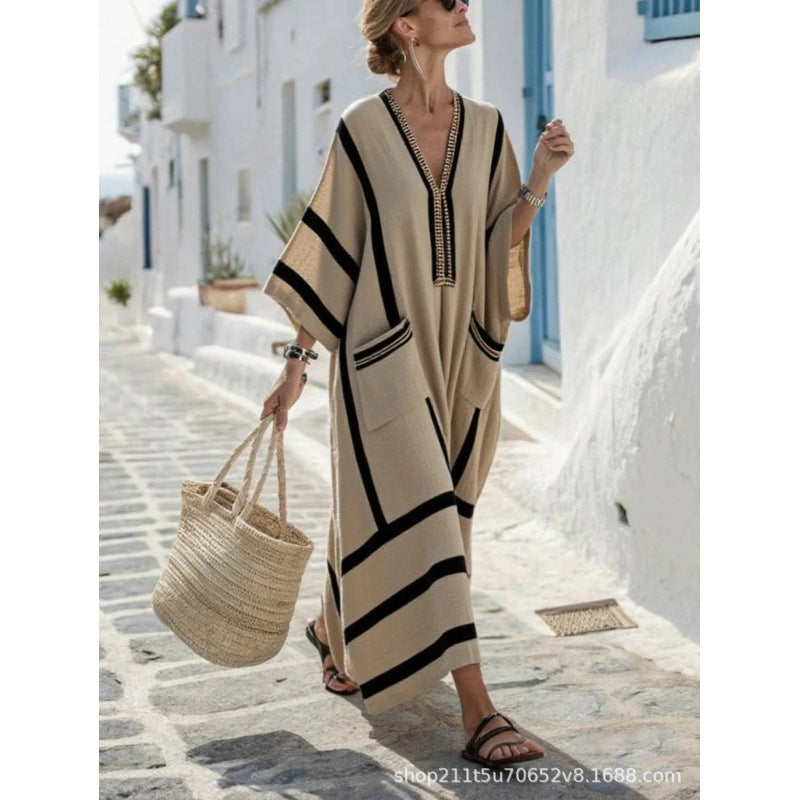 Women Boho Border Print V Neck Loose Kaftan Maxi Beach Dress