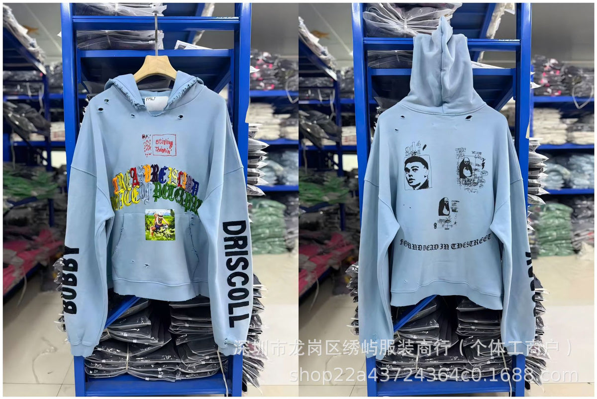 Paly Hollywood Cartoon Letter Hoodie Vintage Wash Graphic Streetwear