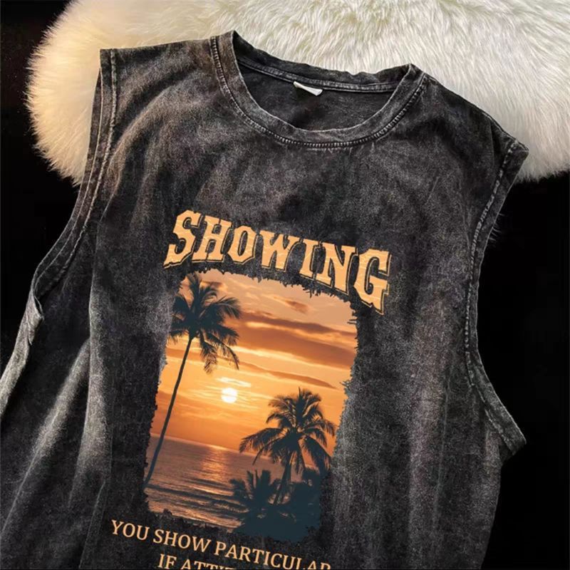 Vintage Washed Graphic Tank Cotton Loose Streetwear Sleeveless Vest