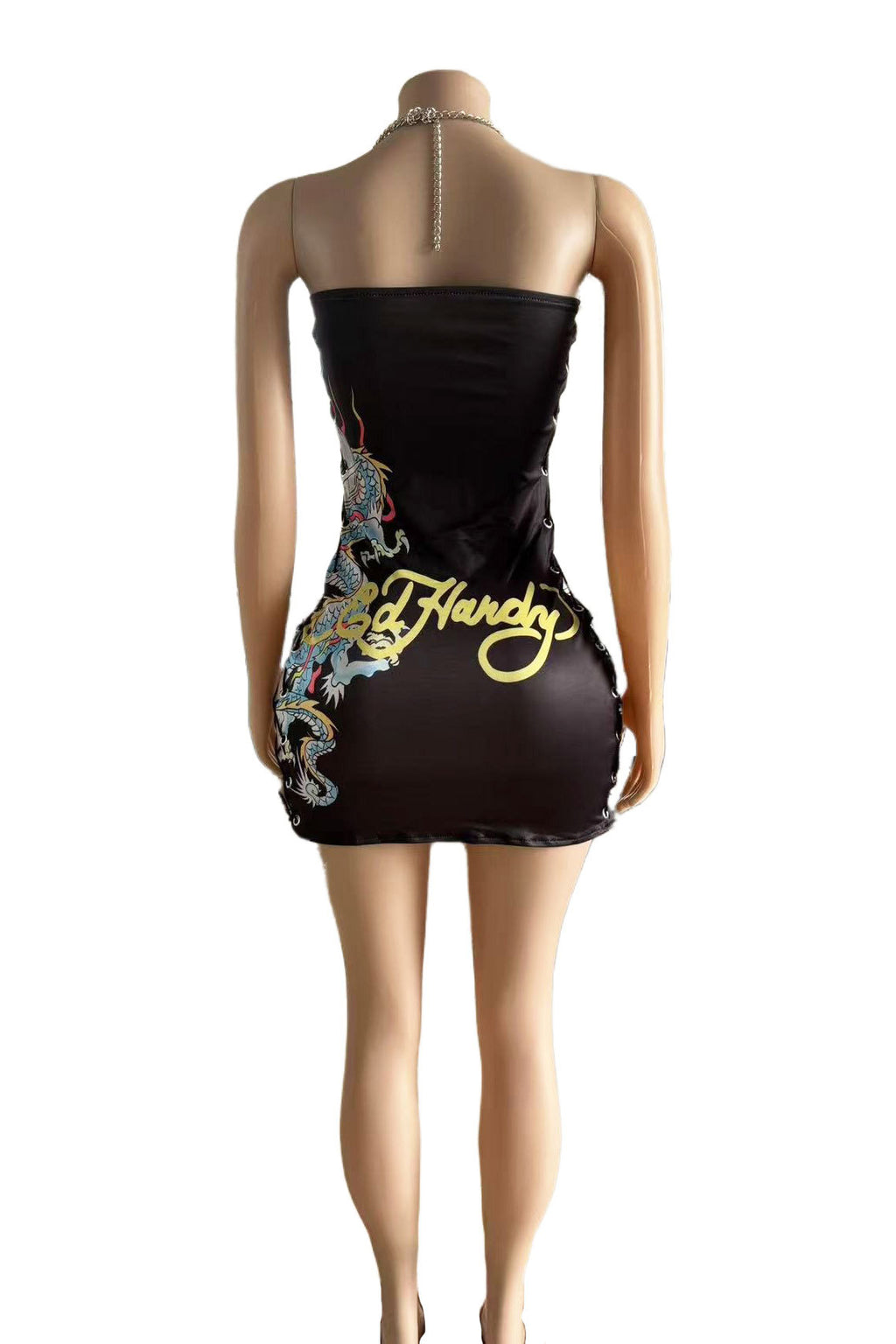 Y2K Vintage Dragon Print Strapless Drawstring Slit Mini Dress