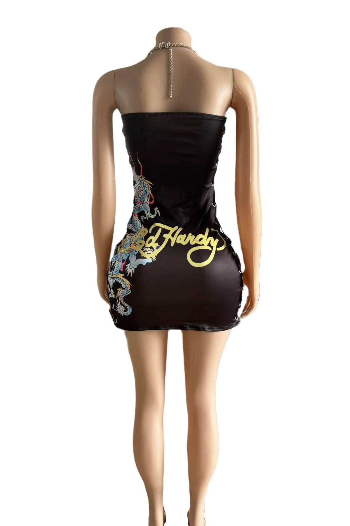 Y2K Vintage Dragon Print Strapless Drawstring Slit Mini Dress