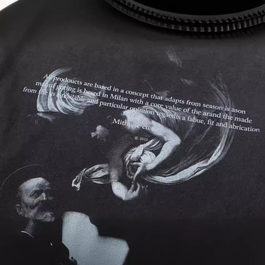 Washed Vintage Black Oil Painting Crew Neck Short Sleeve T Shirt