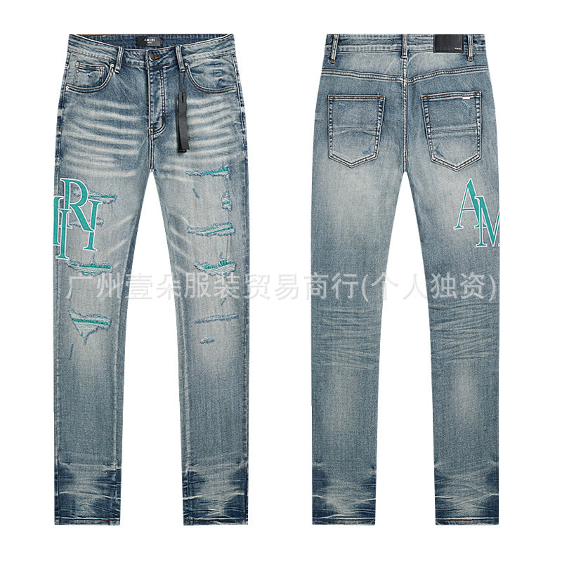 Amiri Washed Distressed Embroidered Slim Tapered Denim Jeans Unisex