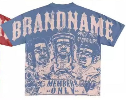Y2K Hip-Hop Cartoon Portrait Oversized Vintage Baumwoll-T-Shirt im Members-Only-Stil