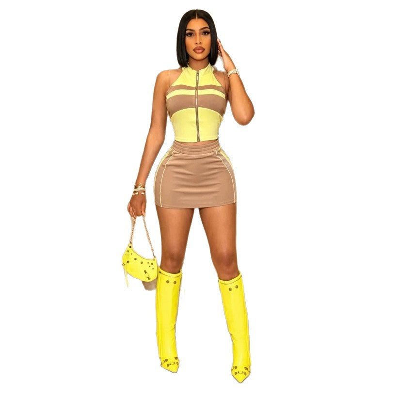 Color Block Zip Front Halter Crop Top Mini Skirt 2 Piece Set Women