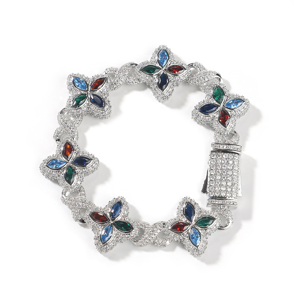 Iced Out Four Leaf Clover 5A Color Zircon Hip Hop Bracelet For