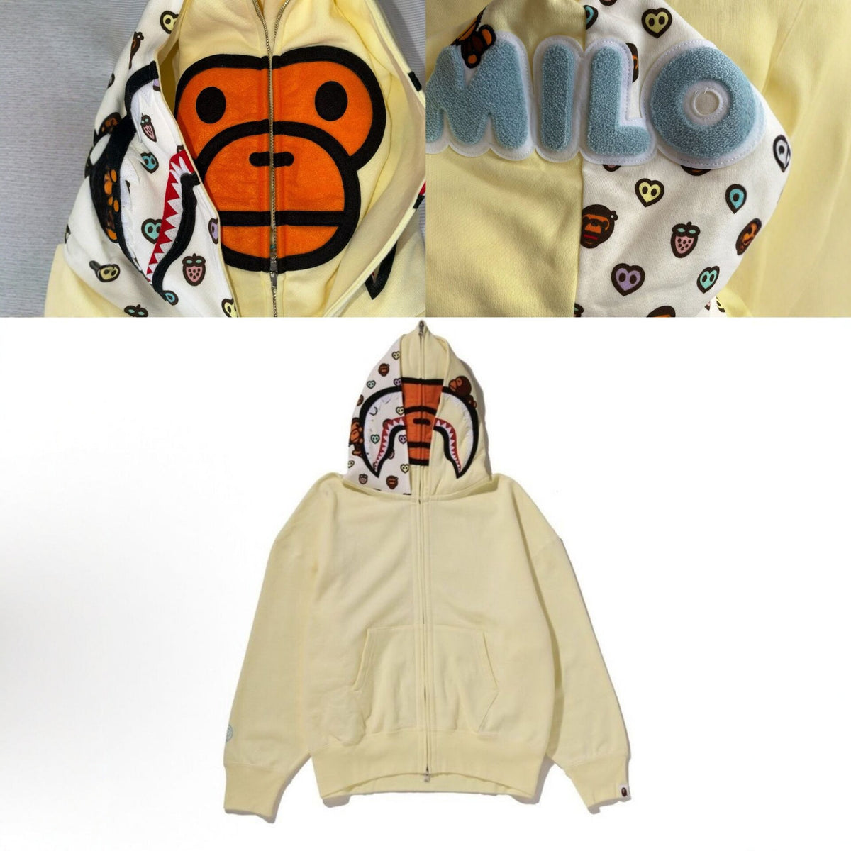 BAPE Baby Milo Shark Double-Hood Full-Zip Hoodie - Cream Yellow