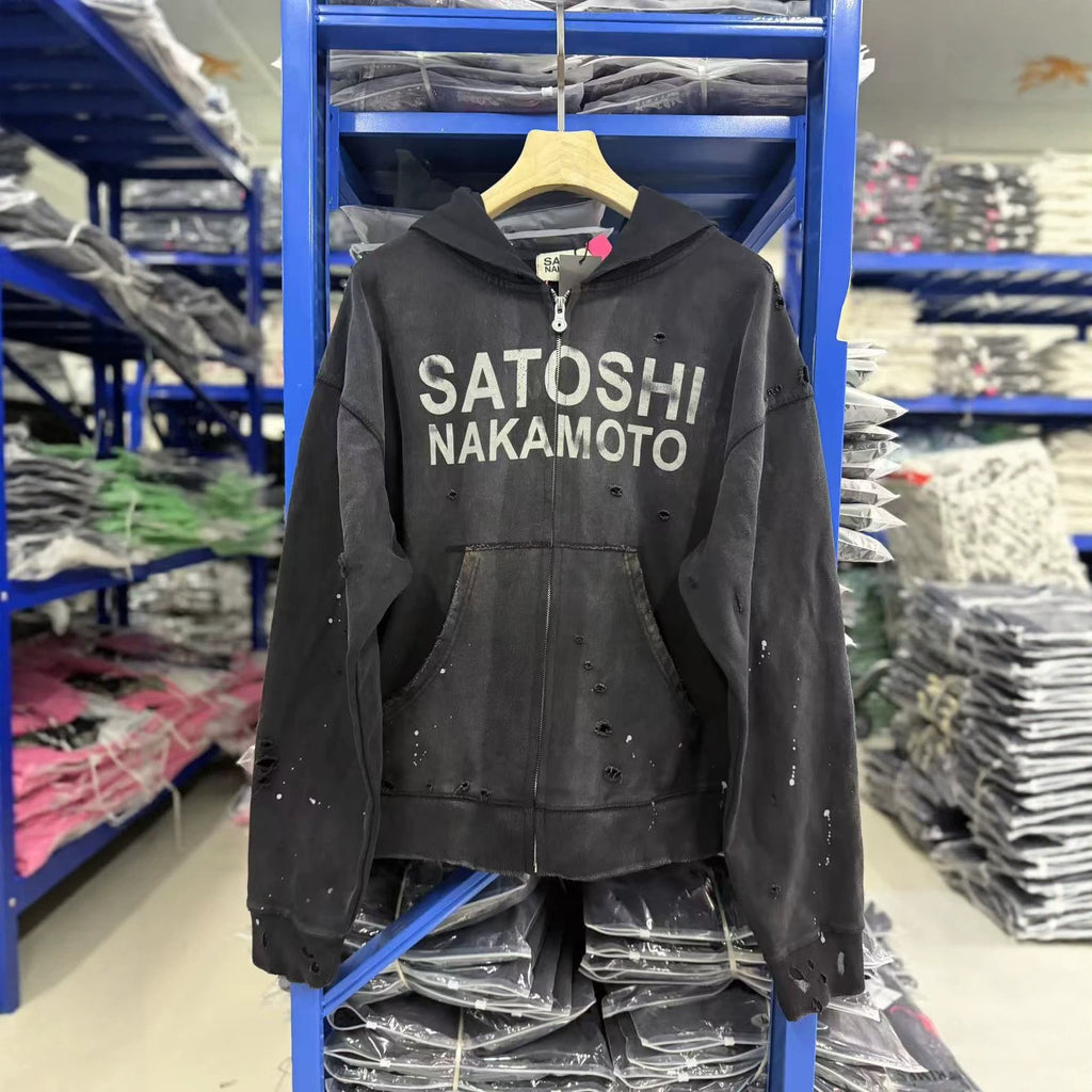 Satoshi Nakamoto Washed Distressed Zip Hoodie Splash Ink Street Jacket