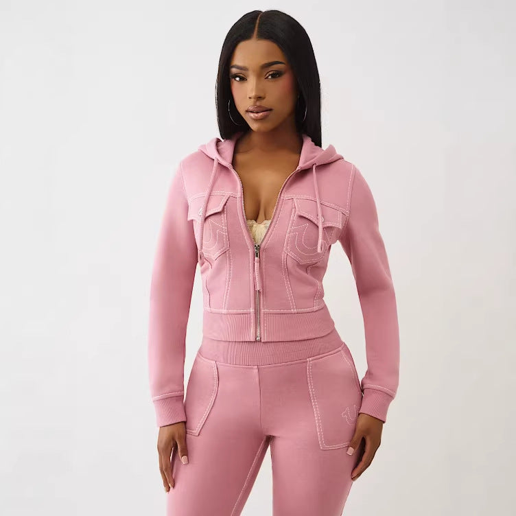 Y2K True Religion Contrast Stitch Embroidery Crop Hoodie 2 Piece Set