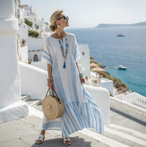 Women Boho Abstract Print V Neck Batwing Loose Kaftan Maxi Beach Dress