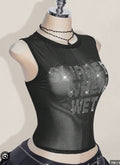 Rhinestone Letter Crop Tank Top Women Y2K Sleeveless Crew Neck Cami Vest