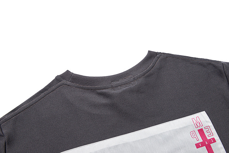 Washed Wax Dye Cross Letter Embroidery Crew Neck Long Sleeve T Shirt