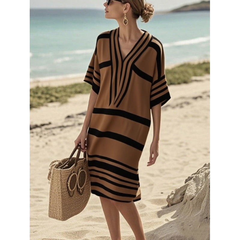Women Boho Striped V Neck Loose Kaftan Midi Beach Dress