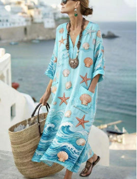 Women Boho Striped Embroidery V Neck Loose Kaftan Maxi Beach Dress