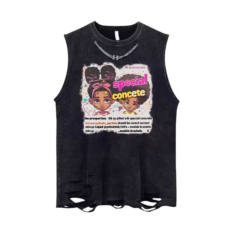 Vintage Washed Graphic Cotton Tank Mens Loose Sleeveless Vest
