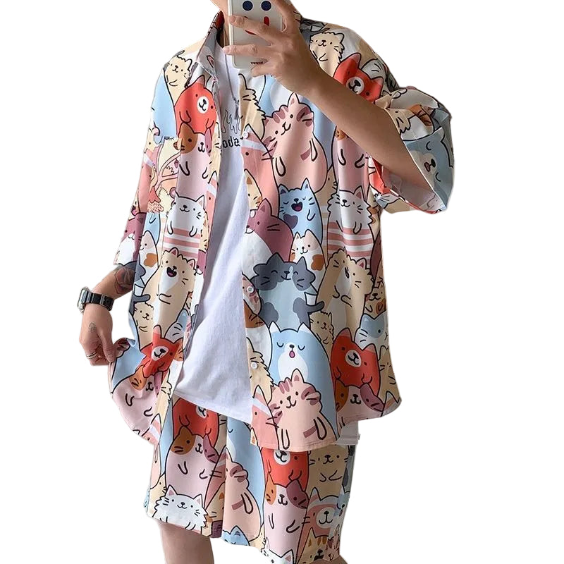 Couple Quick Dry Floral Loose Tropical Beach Shirt Shorts Set