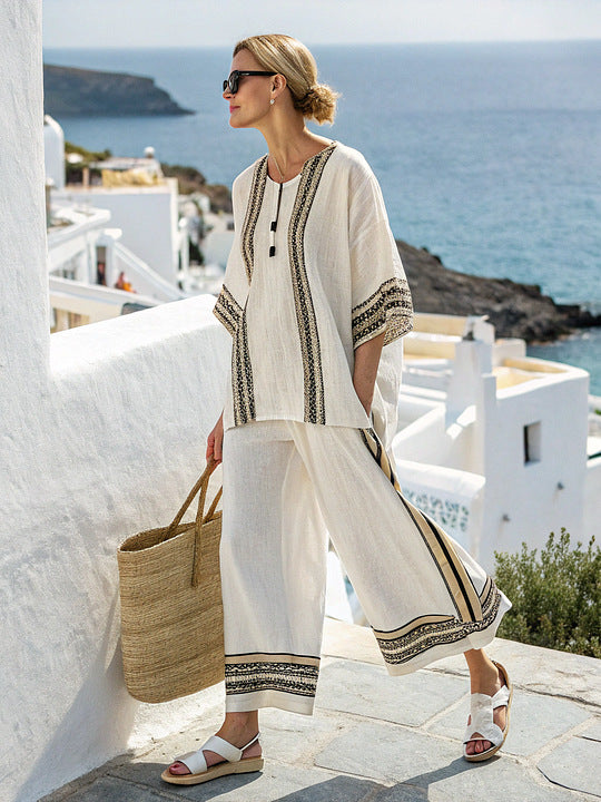 Women Boho Striped Print Round Neck Short Sleeve Wide Leg Beach Set