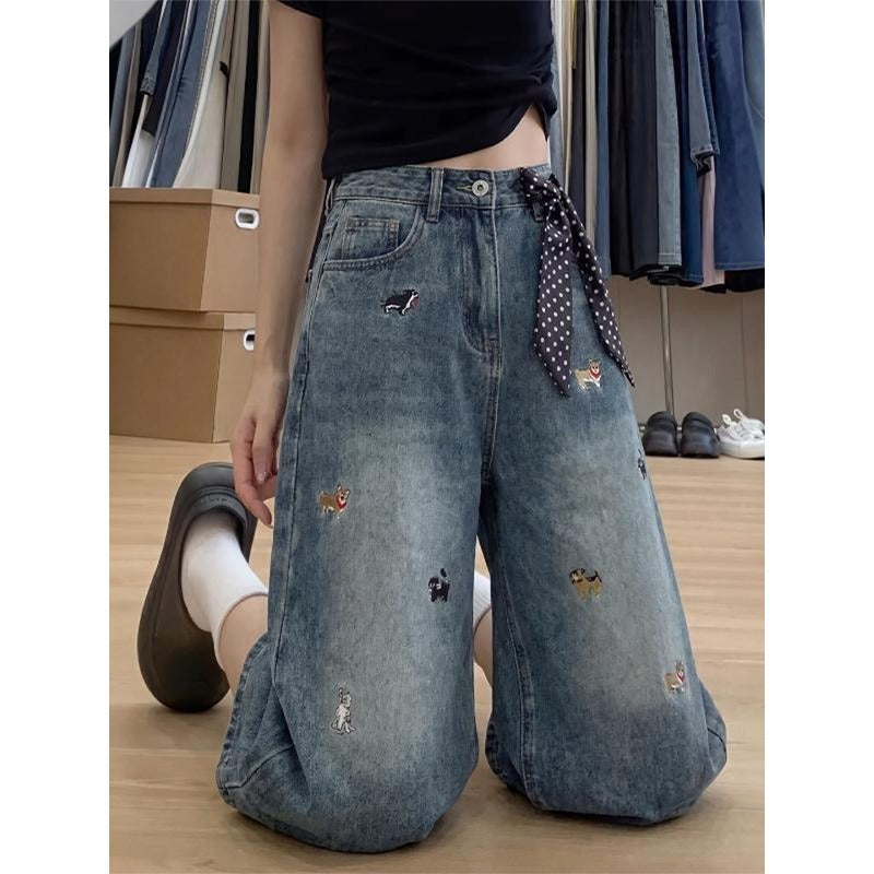Dog Embroidered Wide Leg Denim Capri Pants Women Loose Cropped Jorts